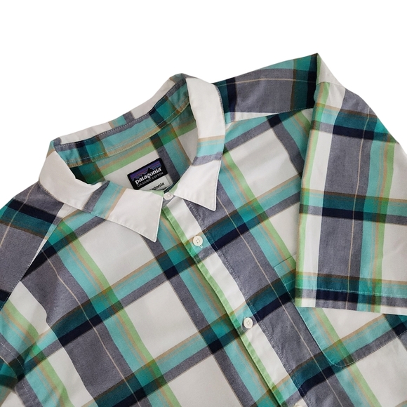 PATAGONIA Mens Shirt XL Green White Plaid Organic Cotton Short Sleeve - Picture 1 of 11